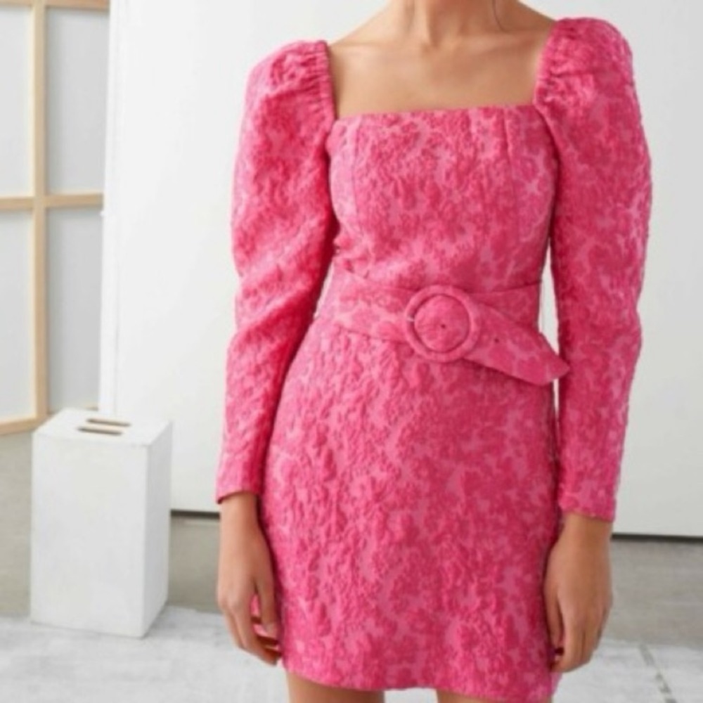 & Other Stories Pink Puff sleeve Jacquard brocade belted mini dress size 4